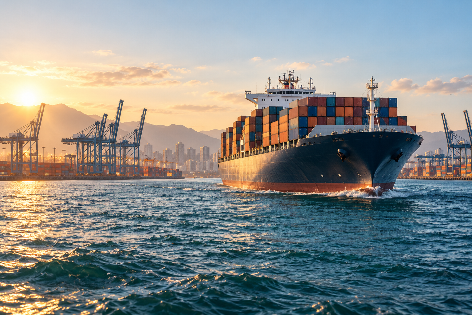 Cargo container ship arriving at an international port at sunrise